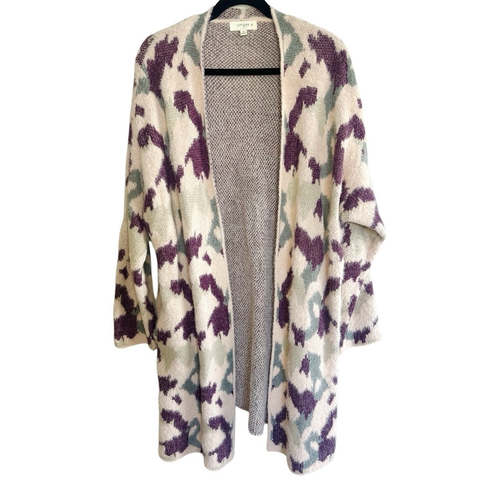 Umgee Boho Oversized Fuzzy Knit Long Cardigan Sweater XL Pink Purple Abstract